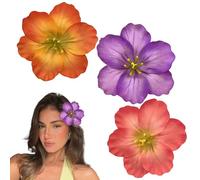 JazSwirl Hawaiian Flower Hair Clips for Women, 3 Pack 5.1-Inch Tropical Hibiscus Hair Clip Set in Purple Pink Orange, Beach & Luau Party Floral Hair Clips, Cute Fabric Hawaii Flower Clip for Hair