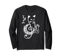 Jazz Cat Playing Saxophone Piano Treble Clef Music Fun Long Sleeve T-Shirt