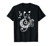Jazz Cat Playing Saxophone Piano Treble Clef Music Fun T-Shirt