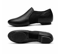 Jazz Dance Shoes Slip On Real Leather Split Sole Black & Tan - Neoprene Centre for Better Flexibility & Fit, Rubber Heel - Girls