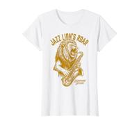 Jazz Lion's Roar Vintage Lion Playing Saxophone Session Value Graphic T-Shirt, Women, White, L