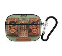 Jazz Music Equipment with Vintage Background Earbuds Organizer Shockproof Protective Airpods Pro Cover with Carabiner Clip Anti Fall Carrying Earphone Case Cover for Airpods Pro 2nd Generation Black