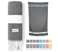 jazzylab ELMAS Peshtemal Hammam Towel | 100% Cotton with Classic Diamond Pattern | Lightweight, Quick-Dry & Compact | Turkish Spa & Travel Towel | Hand-Knotted Fringes | 90x180 cm - Black,
