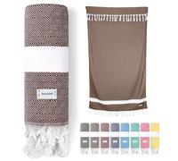 jazzylab ELMAS Peshtemal Hammam Towel | 100% Cotton with Classic Diamond Pattern | Lightweight, Quick-Dry & Compact | Turkish Spa & Travel Towel | Hand-Knotted Fringes | 90x180 cm - Brown,