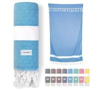 jazzylab ELMAS Peshtemal Hammam Towel | 100% Cotton with Classic Diamond Pattern | Lightweight, Quick-Dry & Compact | Turkish Spa & Travel Towel | Hand-Knotted Fringes | 90x180 cm - Turquoise,