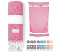 jazzylab ELMAS Peshtemal Hammam Towel | 100% Cotton with Classic Diamond Pattern | Lightweight, Quick-Dry & Compact | Turkish Spa & Travel Towel | Hand-Knotted Fringes | 90x180 cm - Pink,