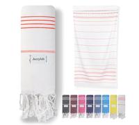 jazzylab SULTAN Peshtemal Hammam Towel | 100% Cotton with Striped Design | Lightweight, Quick-Drying & Absorbent | Turkish Beach, Spa & Sauna Towel | Hand-Knotted Fringes | Coral-White, 90x180 cm