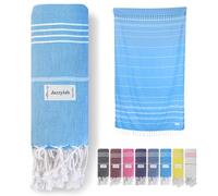jazzylab SULTAN Peshtemal Hammam Towel | 100% Cotton with Striped Design | Lightweight, Quick-Drying & Absorbent | Turkish Beach, Spa & Sauna Towel | Hand-Knotted Fringes | Turquoise, 90x180 cm