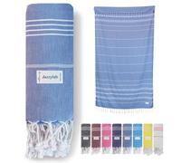 jazzylab SULTAN Peshtemal Hammam Towel | 100% Cotton with Striped Design | Lightweight, Quick-Drying & Absorbent | Turkish Beach, Spa & Sauna Towel | Hand-Knotted Fringes | Denim Blue, 90x180 cm