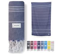 jazzylab SULTAN Peshtemal Hammam Towel | 100% Cotton with Striped Design | Lightweight, Quick-Drying & Absorbent | Turkish Beach, Spa & Sauna Towel | Hand-Knotted Fringes | Navy, 90x180 cm