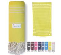 jazzylab SULTAN Peshtemal Hammam Towel | 100% Cotton with Striped Design | Lightweight, Quick-Drying & Absorbent | Turkish Beach, Spa & Sauna Towel | Hand-Knotted Fringes | Yellow, 90x180 cm