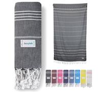 jazzylab SULTAN Peshtemal Hammam Towel | 100% Cotton with Striped Design | Lightweight, Quick-Drying & Absorbent | Turkish Beach, Spa & Sauna Towel | Hand-Knotted Fringes | Black, 90x180 cm