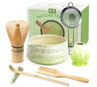 JBER Matcha Broom Set, Matcha Set 7-Piece - Matcha Broom and Broom Holder, Matcha Bowl with Spout, Strainer, Spoon and Holder, Japanese Matcha Tea Set for Matcha Lovers - Beige Green