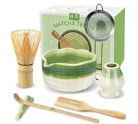 JBER Matcha Set, Matcha Kit 7 Pcs - Bamboo Matcha Whisk and Bowl with Spout, Whisk Holder, Sieve, Matcha Spoon and Holder, Japanese Matcha Whisk Set 7-Piece for Matcha Lovers, Gradient Green