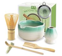 JBER Matcha Set, Matcha Kit 7 Pcs - Bamboo Matcha Whisk, Matcha Bowl with Spout, Matcha Whisk Holder, Sieve, Spoon and Holder, Japanese Matcha Tea Set for Matcha Lover, Gradient Blue-Green