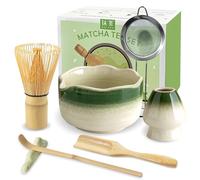 JBER Matcha Set, Matcha Whisk Set 7 Pcs - Bamboo Matcha Whisk, Ceramic Bowl with Spout & Whisk Holder, Sifter, Bamboo Scoop and Holder, Complete Matcha Kit for Matcha Lovers, Gradient Green