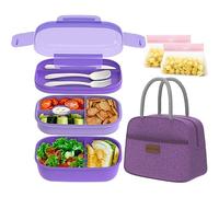 JBGOYON® Bento Lunch Box with Bag - All-in-One Stackable Lunch Containers with 3 Layers for Adults & Kids, 1900 ML Modern Bento-Style Design, Built-in Utensil Set, Lunch Bag (Purple)