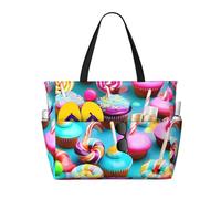 JBJGKHLP Colorful Sweet Lollipop Cupcake Donut Print Women Mens Beach Travel Bag Foldable Lightweight Tote For Pool Picnic Camping Gym