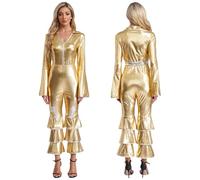 JBJYGSG Disco Fancy Dress Womens Disco Fever Costume Prom Funky Dancing Sparkle Flare Jumpsuit Cosplay Party Hippie Fancy Dress Up Fancy Dress(Gold,XL)