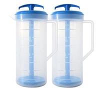 JBK Pottery 2-Quart Blue Mixing Pitcher with Plunger - BPA-Free Plastic Jug for Juice, Milk, Tea, Shakes, and More - Dishwasher-Safe, Spill-Proof Lid, Smart Stirring Design, 2 Pack