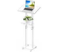 JBKNAN Portable Acrylic Podium Stand, Rolling Podium with Wheels, Clear Podium with Storage Shelf, Lockable Casters, Adjustable Height Pulpits for Churches, Classrooms, Weddings, Speeches