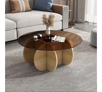 JBKNAN Round Coffee Table Glass Coffee Top, Solid Wood Base and Clear Tempered Glass Top Coffee Side Tea Table,Simple & Modern Center Table for Living Room,Patio(80x40cm(31x16inch), Walnut+Teal)