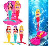 JBLJDWD 4 Pack Mermaid and Shell Set for Pool, Swimming Pool Diving Games, Underwater Sink & Rise Figures for Bath Tub in Red Blue Yellow with Pink Shell