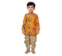 JBN Creation Boys Kurta and Dhoti Pants Set Cotton Printed Little Krishna Floral Kurta and Cowl Dhoti Set for Janmashtami with Flute and Embroidered Headband, yellow, 5-6 Jahre