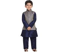 JBN Creation Kurta Silk Blend Pyjama Set for Children, Elegance for Festivals, Banarasi Jacquard Modi/Nehru and Pyjama Kurta | Traditional Suit with, Navy and Gold, 7-8 Jahre
