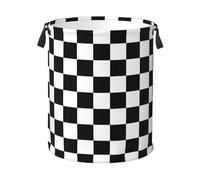 Jbofyee Black And White Plaid Racing Pattern Laundry Hamper Bag With Waterproof Liner - Checkered Race Flag Round Laundry Basket Foldable Clothes Storage Organizer For Bathroom Bedroom Nursery Dorm, M