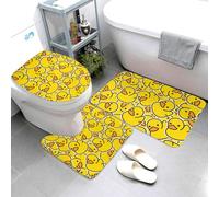 Jbofyee Cute Rubber Ducks 3 Piece Bathroom Rugs Set, Bath Mat + Contour Mat + Toilet Seat Cover, Non-Slip Soft Microfiber Yellow Cartoon Ducky Bathmat for Tub Shower Room Decor, Machine Washable