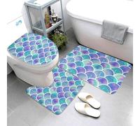 Jbofyee Mermaid Scales 3 Piece Bathroom Rugs Set, Bath Mat + Contour Mat + Toilet Seat Cover, Non-Slip Soft Microfiber Bathmat for Tub Shower Room Decor, Machine Washable