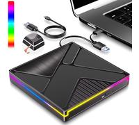 JBonest RGB External CD DVD Drive USB 3.0 Type C, External Portable CD/DVD +/- RW Burner CD Player Writer, Fast Data Transfer for Laptop, Desktop, MacBook, Win11/10/8/7/XP, Linux, Mac OS, Vista