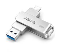 JBOS 128GB USB C Flash Drive, 2-in-1 USB 3.0 OTG Thumb Drive, Silver | Metal swivel body with keyring hole; move photos, videos and work files between USB-C phones, tablets and USB-A computers