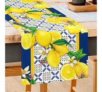 Jbralid Lemon Table Runner Spring Summer Seasonal Yellow Blue Table Runners Farmhouse Kitchen Dining Table Decoration for Indoor Outdoor Home Decor 13x72 Inch