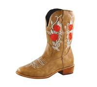 Jbsabotad Womens Cowboy Boots Wide Fit Mid-Calf Slip On Cowgirl Boots Trendy Comfort Chunky Heel Boot Flower Embroidered Western Style Shoes Classic Retro Pointed Toe Country Cowboy Boot for Women UK