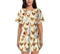 JBYJBX A Brood of Chickens Women's Pajamas Set, Cotton Short Sleeve Sleepwear Top Shorts Pjs Sets Soft Loungewear, Black, Medium