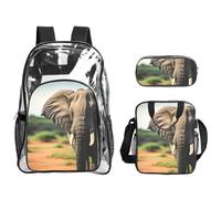 JBYJBX African Elephant Print Unisex Transparent Backpack Set For School Travel Outdoor 3-Piece Clear Lunch Bag