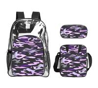 JBYJBX American Camouflage Purple Print Unisex Transparent Backpack Set For School Travel Outdoor 3-Piece Clear Lunch Bag