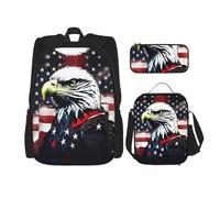 JBYJBX American Flag Eagle Fireworks Print School Backpack Adjustable Shoulder Straps,Lunch Bag Pencil Case 3-In-1 Set Bag, Black, One Size