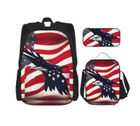 JBYJBX American Flag Fly Eagle Print School Backpack Adjustable Shoulder Straps,Lunch Bag Pencil Case 3-In-1 Set Bag, Black, One Size