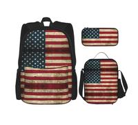 JBYJBX American Flag Print School Backpack Adjustable Shoulder Straps,Lunch Bag Pencil Case 3-In-1 Set Bag, Black, One Size