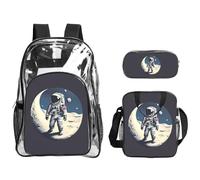 JBYJBX Astronaut On The Moon Print Unisex Transparent Backpack Set For School Travel Outdoor 3-Piece Clear Lunch Bag