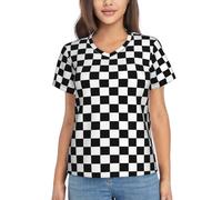 JBYJBX Black and white checkered Print Women's Casual Tops Shirt, Loose V-Neck Tee, Short Sleeve Summer Loose Fit Shirts, Black, S