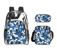 JBYJBX Blue Camo Print Unisex Transparent Backpack Set for School Travel Outdoor 3-Piece Clear Lunch Bag