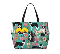 JBYJBX Border Collie Florals Print Beach Tote Large Capacity Travel Bag Waterproof Sandproof And Lightweight