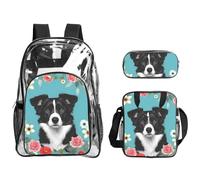 JBYJBX Border Collie Florals Print Unisex Transparent Backpack Set For School Travel Outdoor 3-Piece Clear Lunch Bag