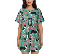 JBYJBX Border Collie Florals Women's Pajamas Set, Cotton Short Sleeve Sleepwear Top Shorts Pjs Sets Soft Loungewear, Black, S