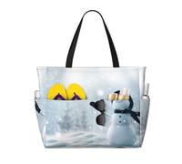 JBYJBX Christmas Happy Snowman Print Beach Tote Large Capacity Travel Bag Waterproof Sandproof And Lightweight
