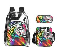 JBYJBX Colorful Rainbow Zebra Print Unisex Transparent Backpack Set For School Travel Outdoor 3-Piece Clear Lunch Bag